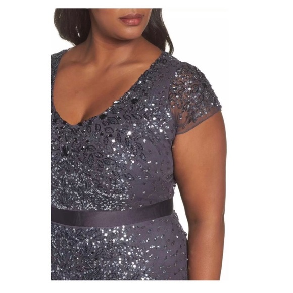 Adrianna papell Gunmetal grey sequin& beaded cap sleeves Long Dress - Picture 13 of 15